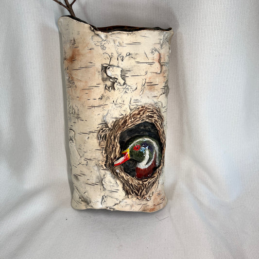 Wall Vase, Wood Duck, Birch Bark Stoneware