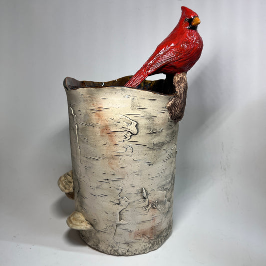Large Birch Bark Cardinal Stoneware Vase