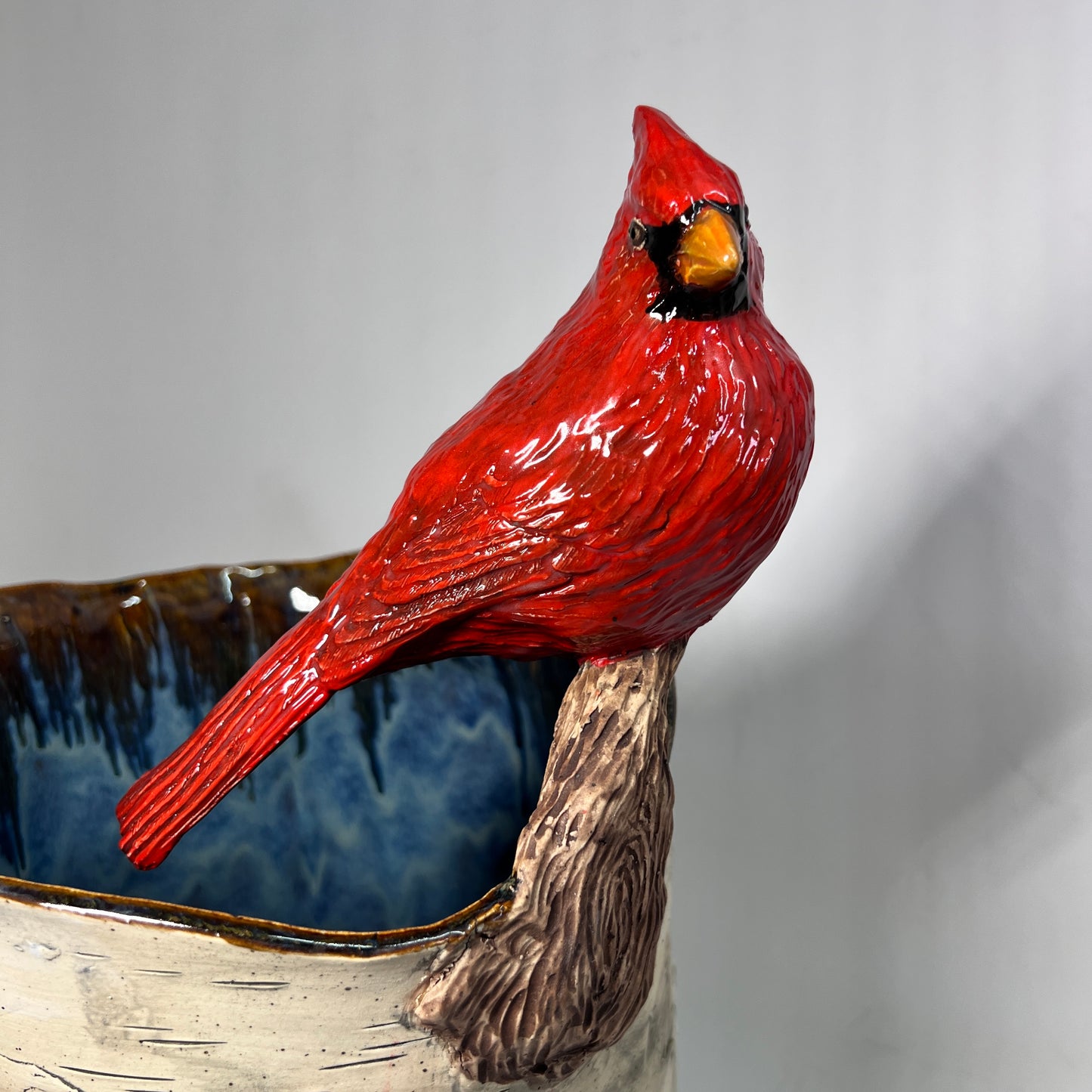 Large Birch Bark Cardinal Stoneware Vase