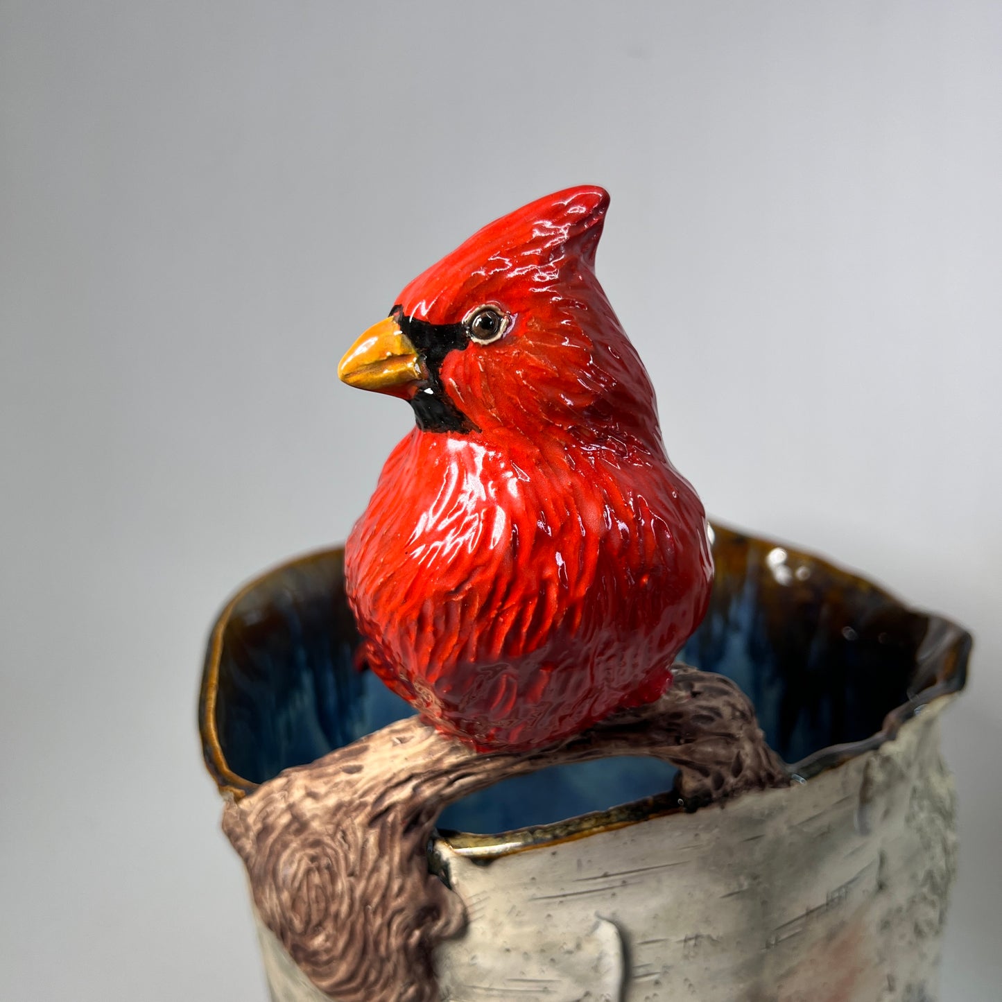 Large Birch Bark Cardinal Stoneware Vase