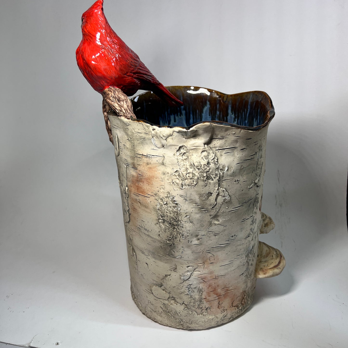 Large Birch Bark Cardinal Stoneware Vase