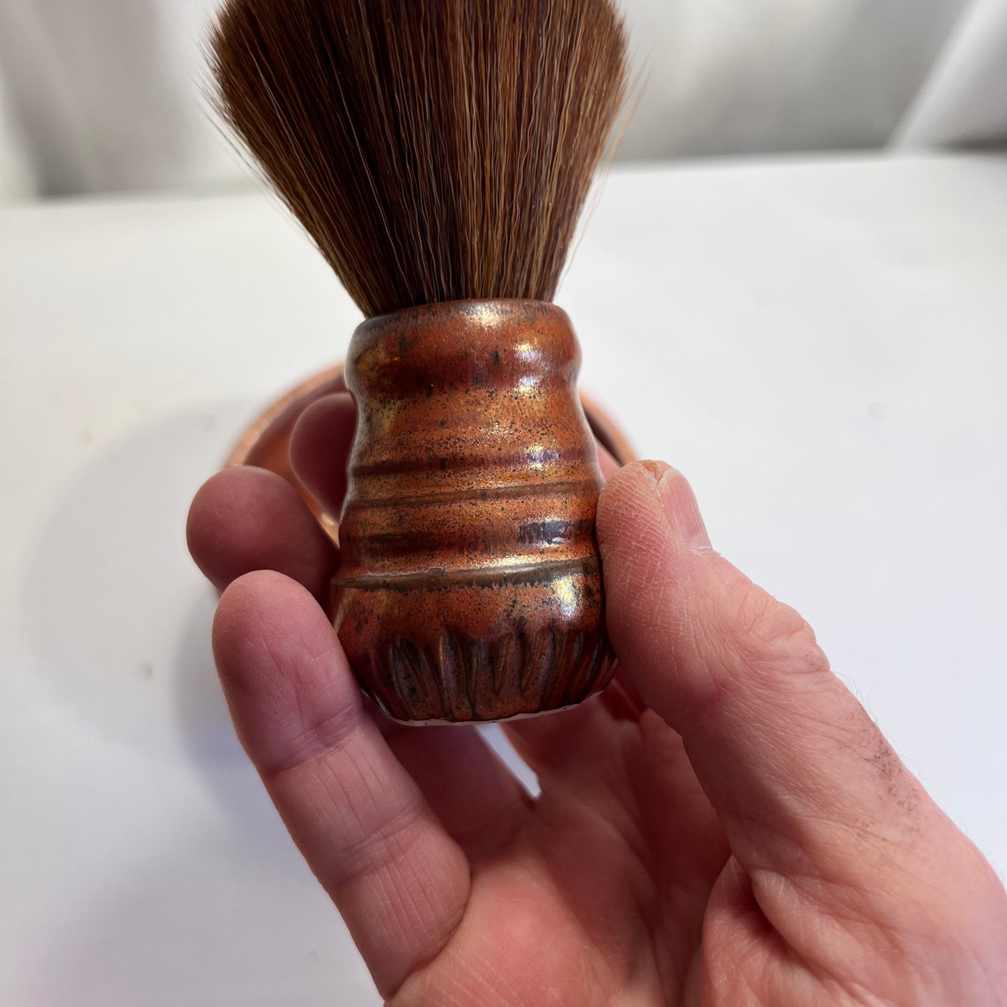 Copper Stoneware Shaving Bowl and Brush