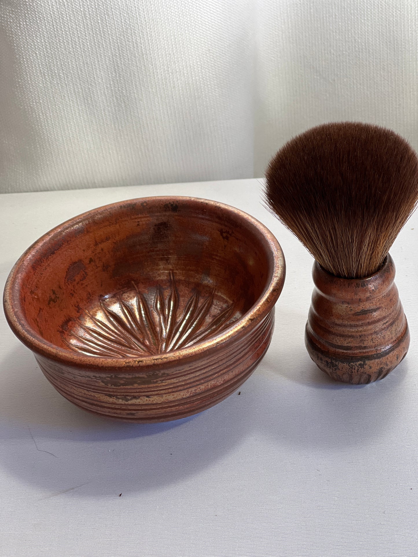 Copper Stoneware Shaving Bowl and Brush