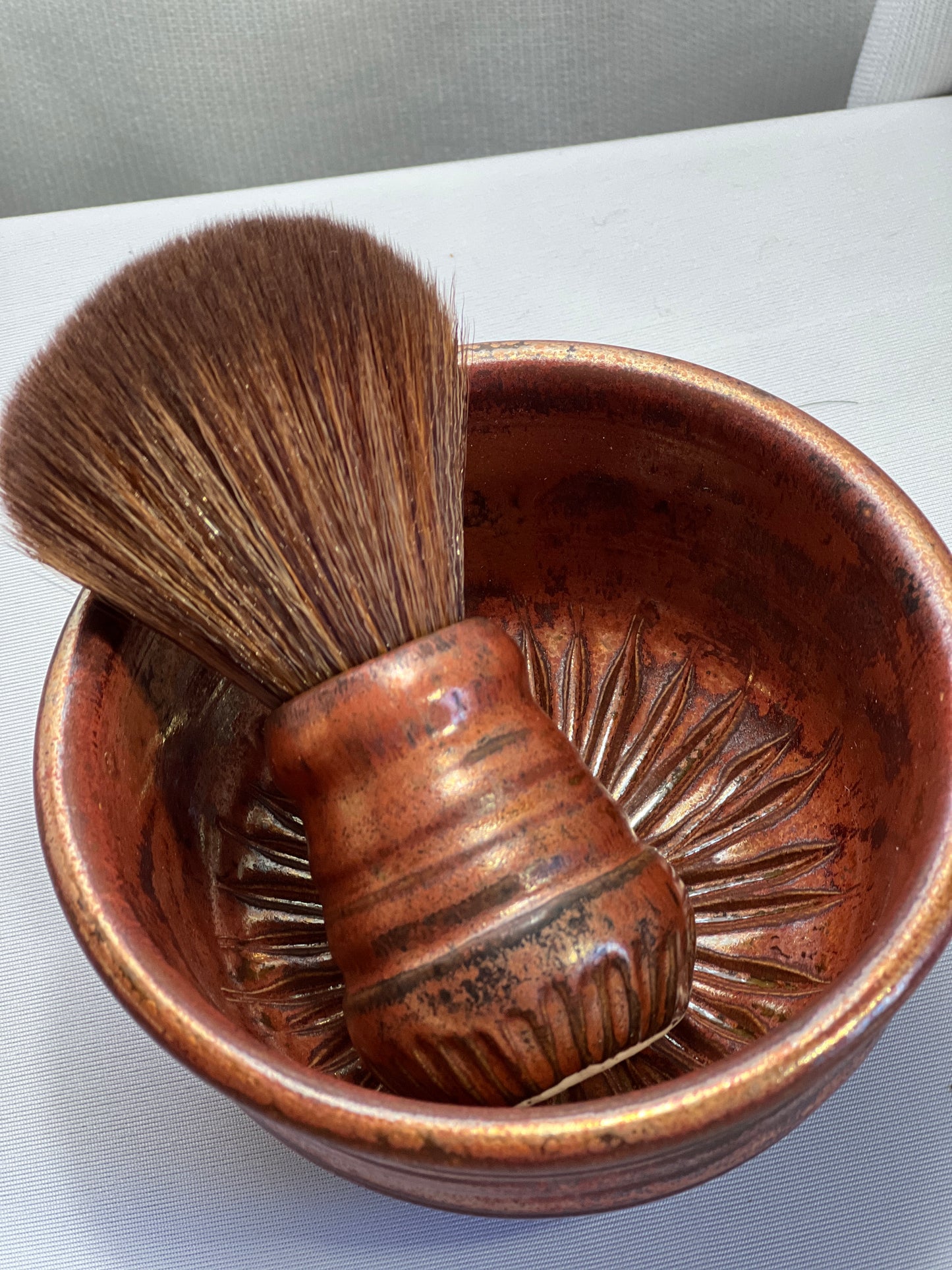 Copper Stoneware Shaving Bowl and Brush