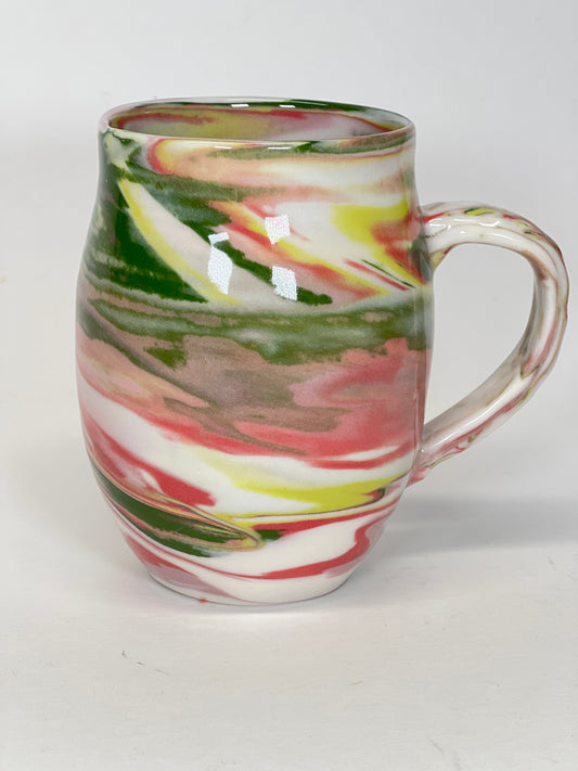 Pink, Green, Yellow, White Coloured Porcelain Mug, 14 oz